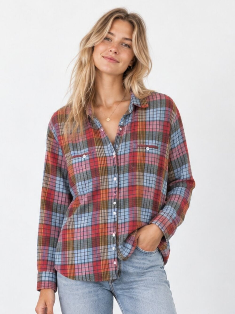 URBAN OUTFITTERS BDG Rainbow Plaid Button Down Cotton Gauze Shirt Top Sz M GUC